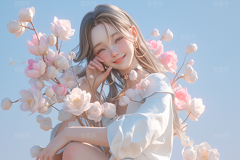 手捧鲜花的少女唯美花朵素材