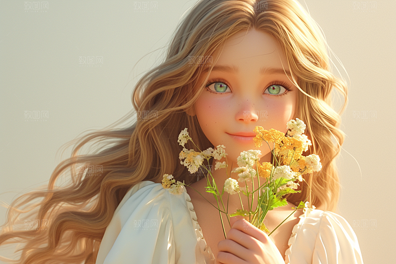 手捧鲜花的少女自然肖像素材