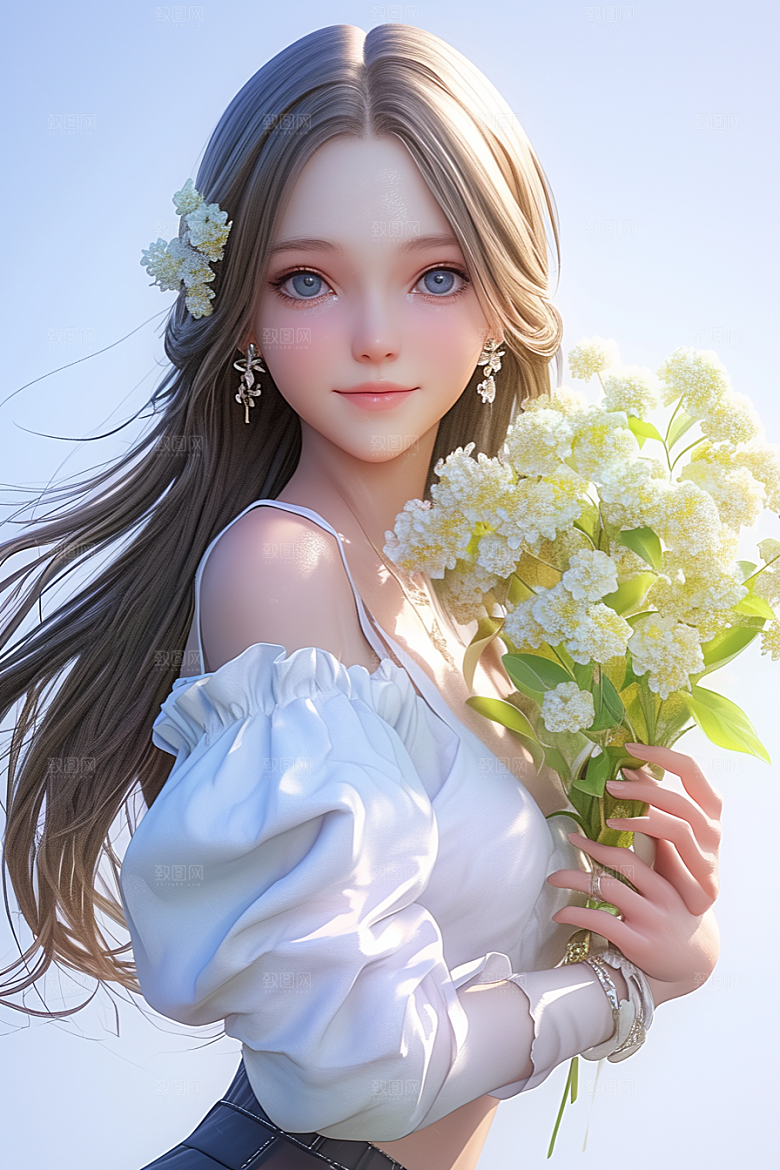 手捧鲜花的少女梦幻花朵素材