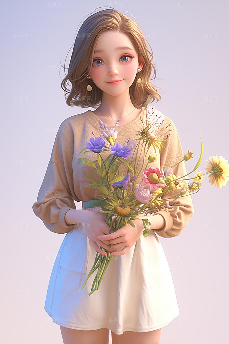 手捧鲜花的少女唯美3D素材
