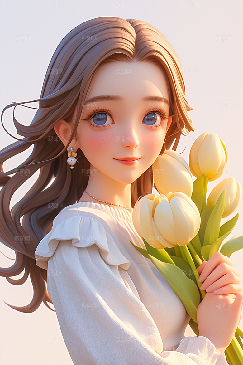 手捧鲜花的少女肖像3D素材
