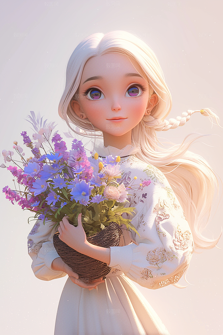 手捧鲜花的少女青春清新素材