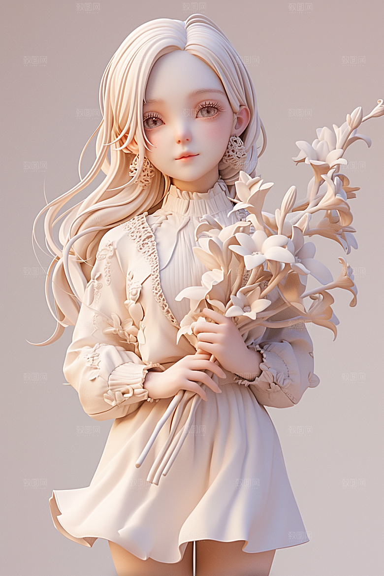 手捧鲜花的少女春天立体素材