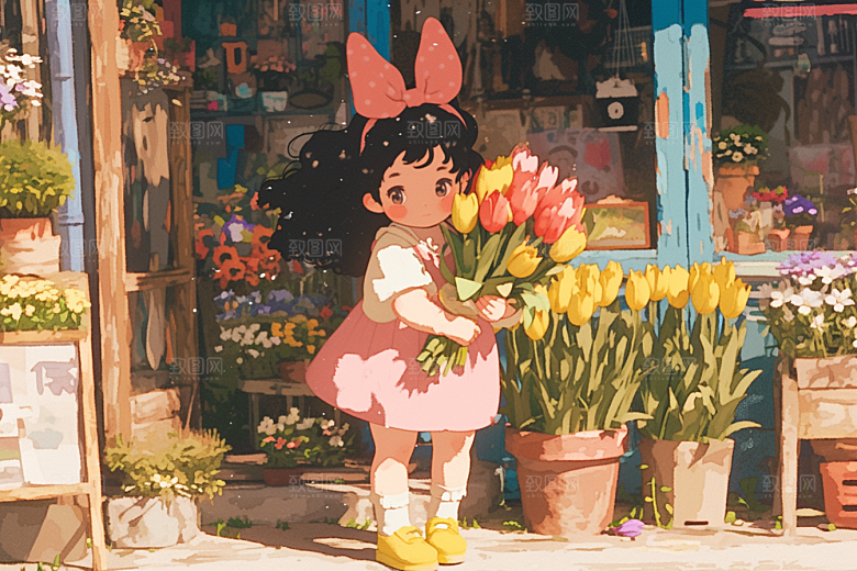 手捧鲜花的少女青春肖像素材