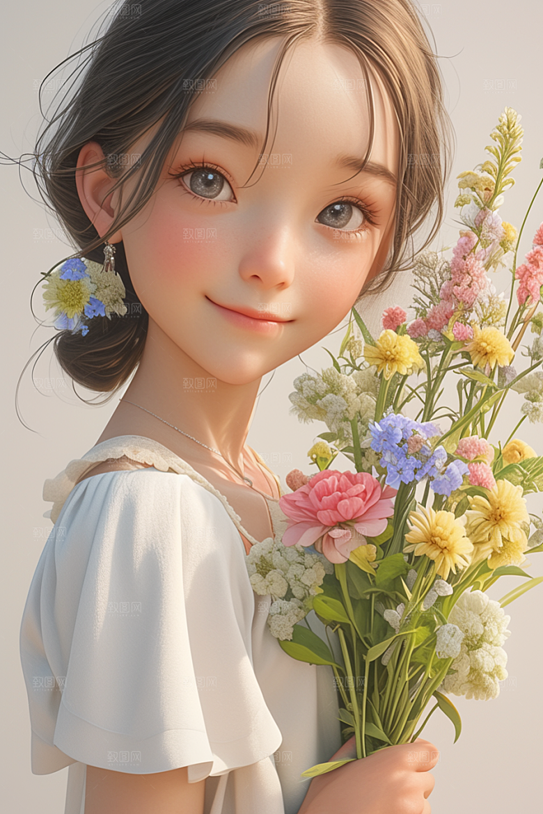 手捧鲜花的少女自然唯美素材