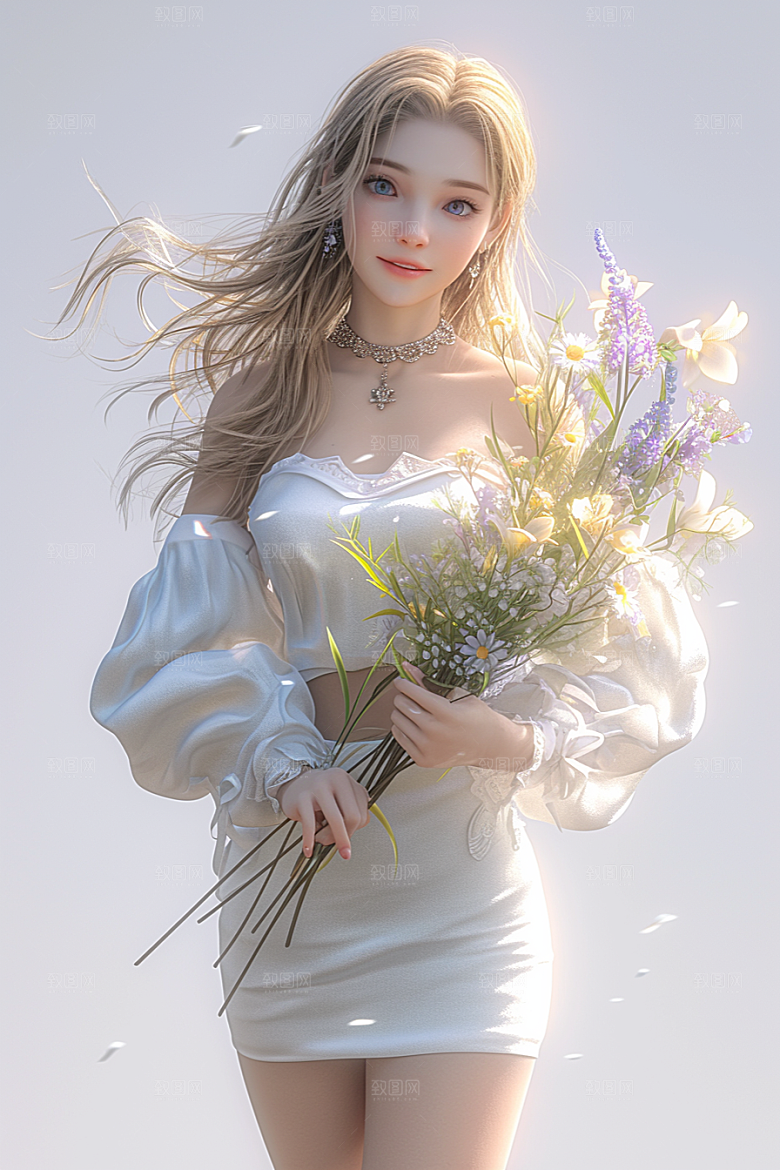 手捧鲜花的少女花朵梦幻素材