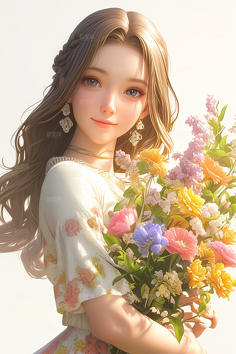 手捧鲜花的少女花朵3D素材