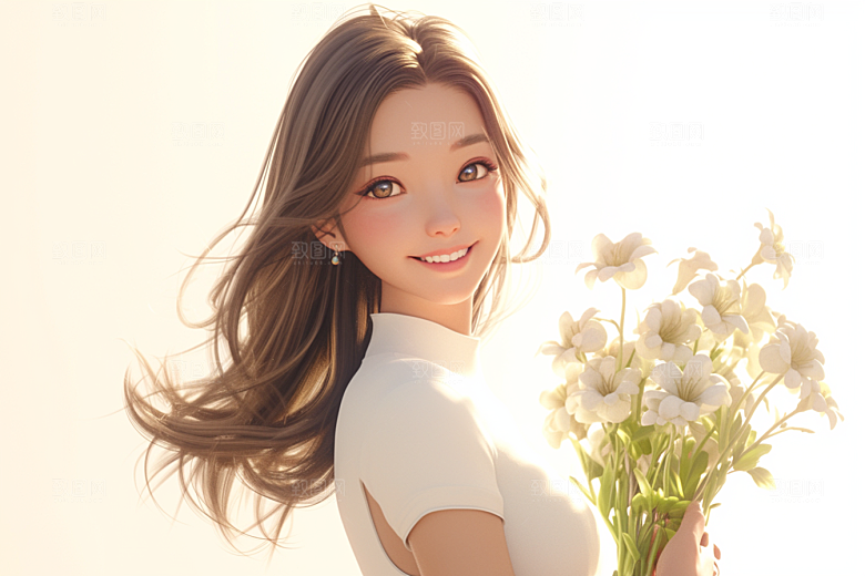 手捧鲜花的少女立体3D素材