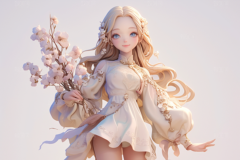 手捧鲜花的少女3D肖像素材