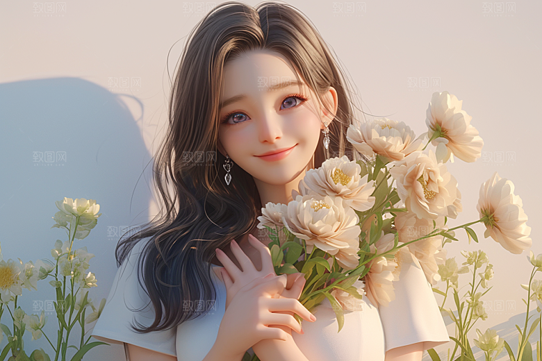 手捧鲜花的少女唯美模型素材