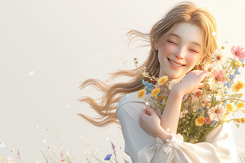 手捧鲜花的少女人物肖像素材