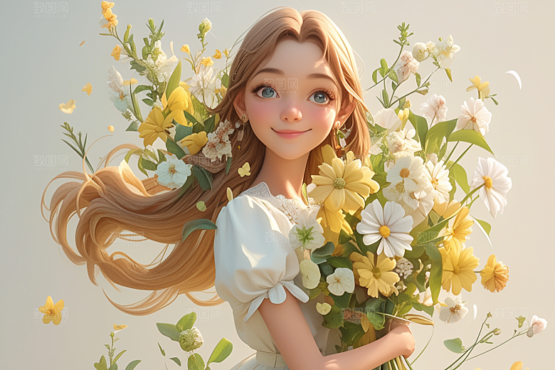 手捧鲜花的少女烂漫自然素材