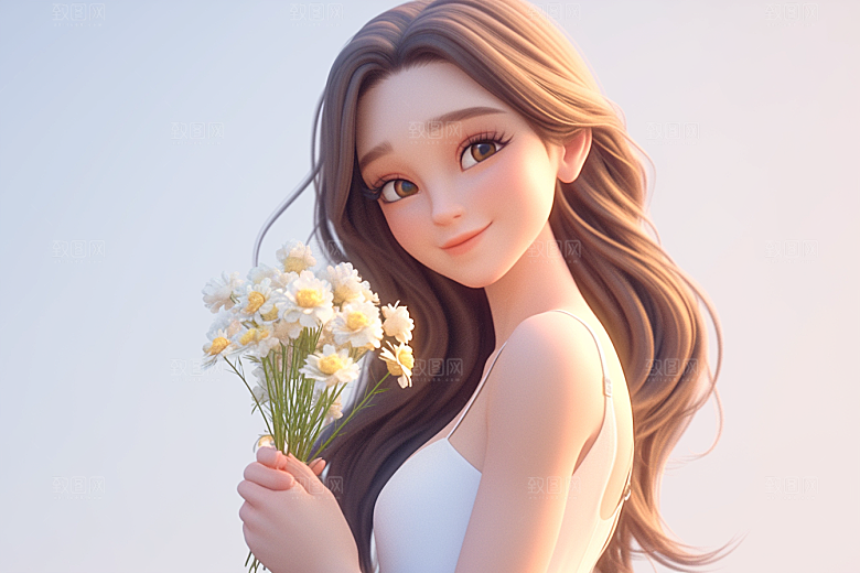 手捧鲜花的少女模型自然素材