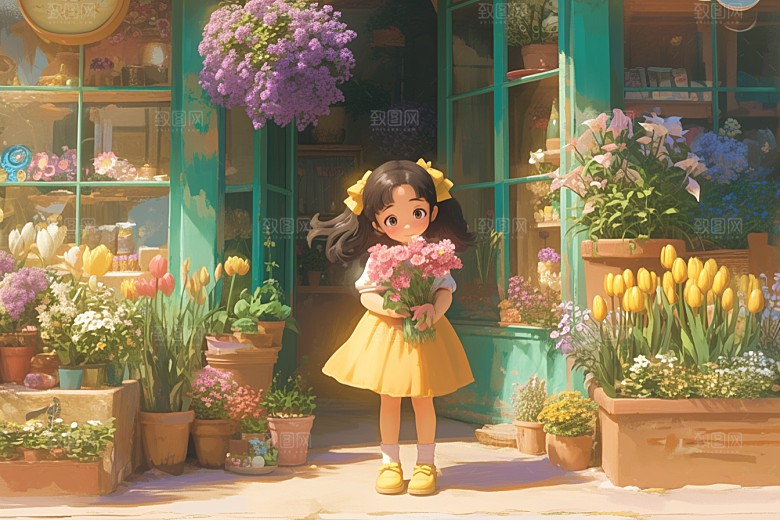 手捧鲜花的少女春天梦幻素材