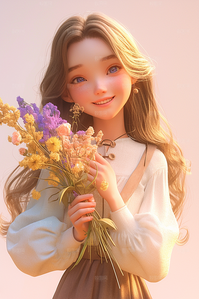 手捧鲜花的少女模型立体素材