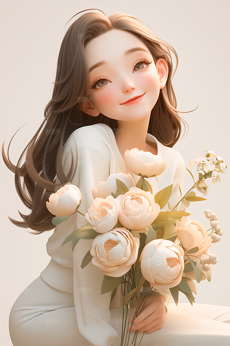 手捧鲜花的少女模型清新素材