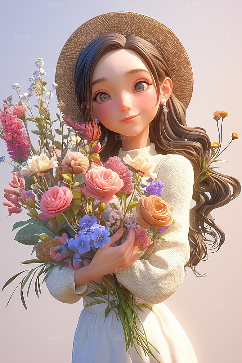 手捧鲜花的少女人物烂漫素材