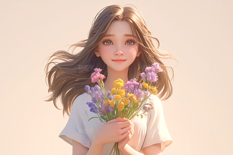 手捧鲜花的少女立体人物素材