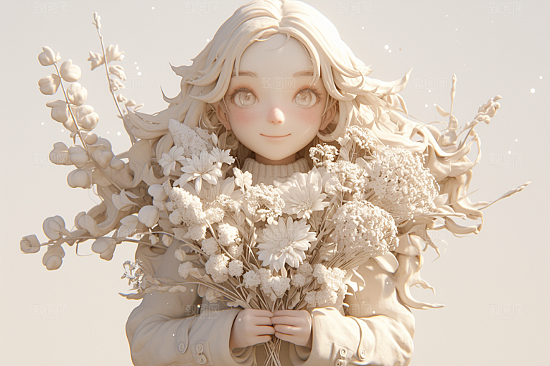 手捧鲜花的少女清新梦幻素材