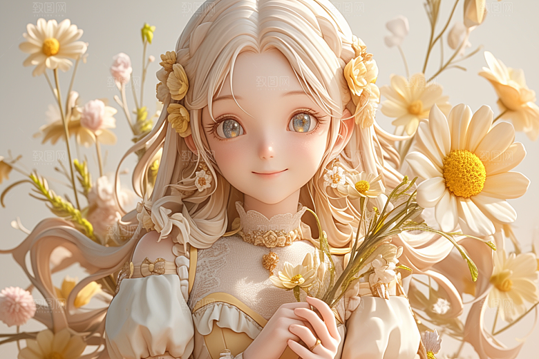 手捧鲜花的少女春天花朵素材