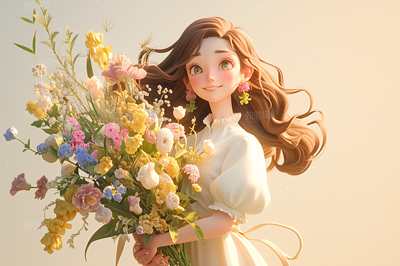 手捧鲜花的少女梦幻3D素材