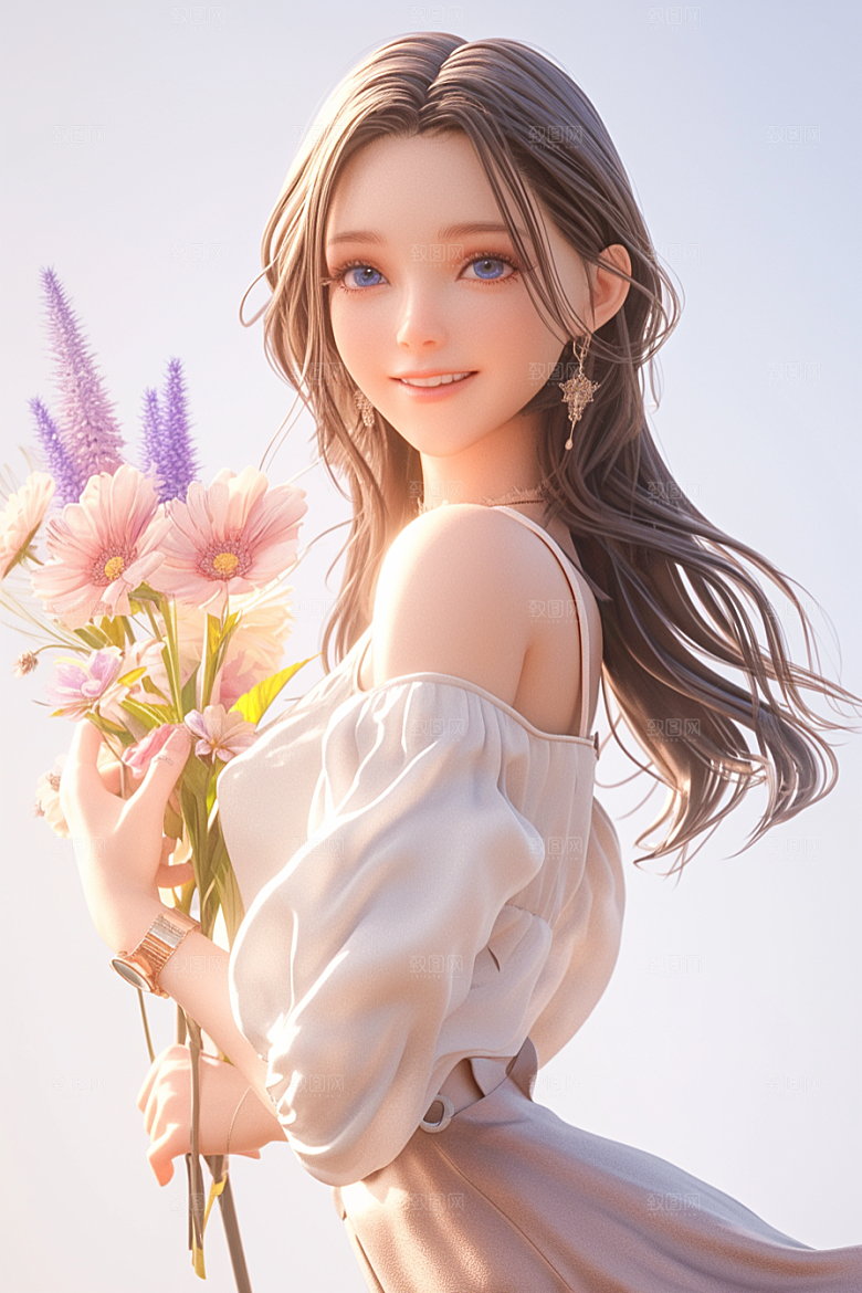 手捧鲜花的少女青春肖像素材
