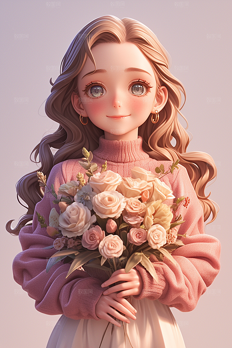 手捧鲜花的少女青春立体素材