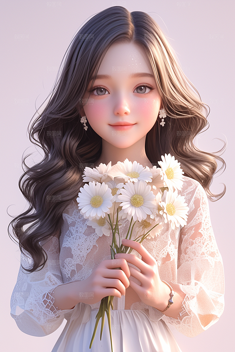 手捧鲜花的少女肖像唯美素材