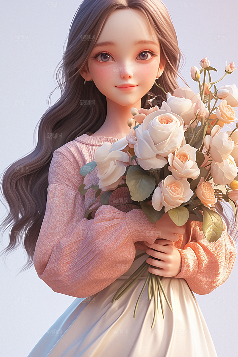 手捧鲜花的少女烂漫3D素材
