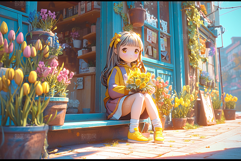手捧鲜花的少女烂漫模型素材