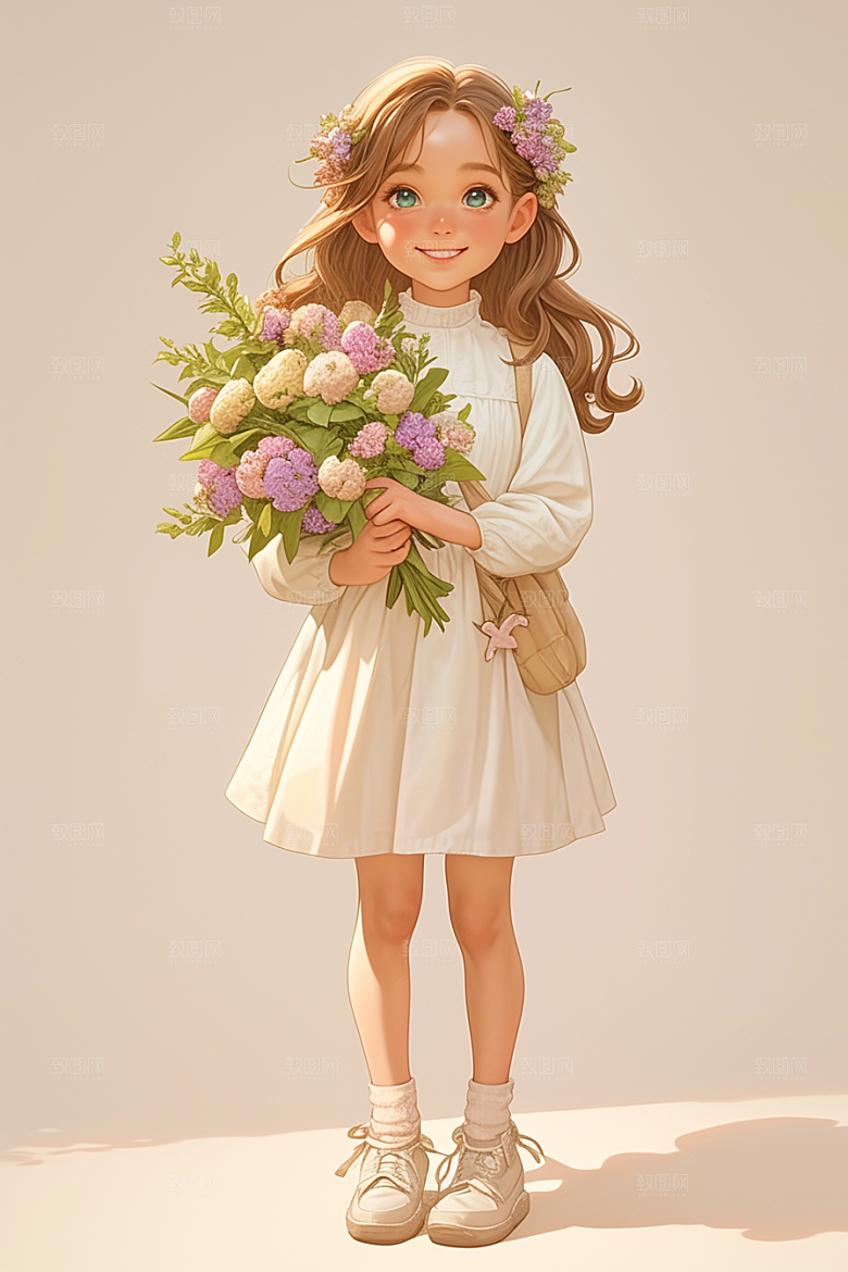 手捧鲜花的少女模型唯美素材