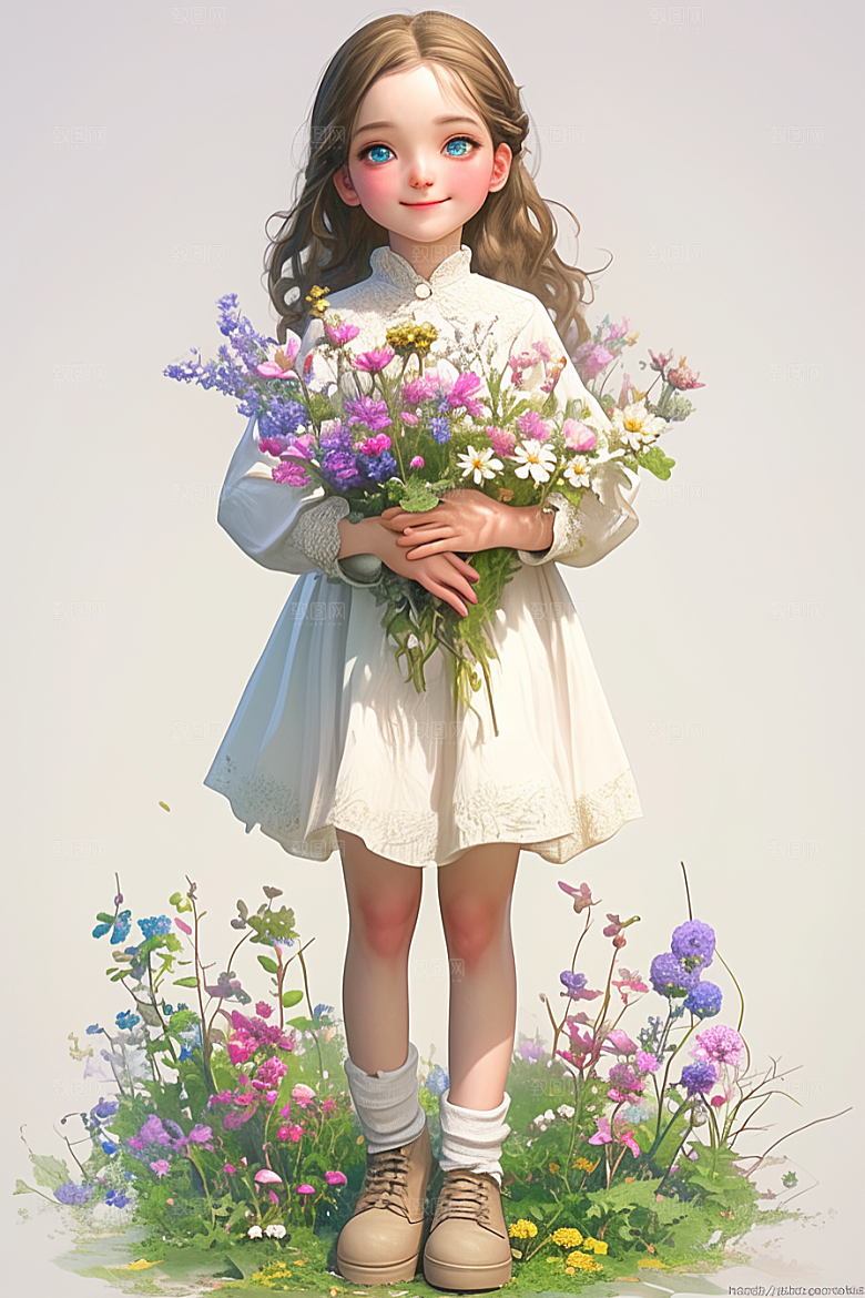 手捧鲜花的少女春天清新素材