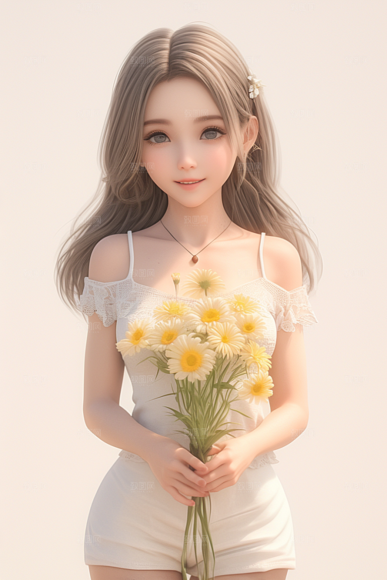 手捧鲜花的少女立体青春素材