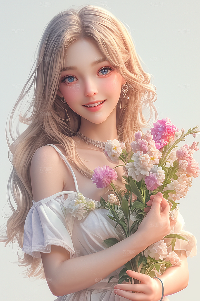 手捧鲜花的少女清新烂漫素材