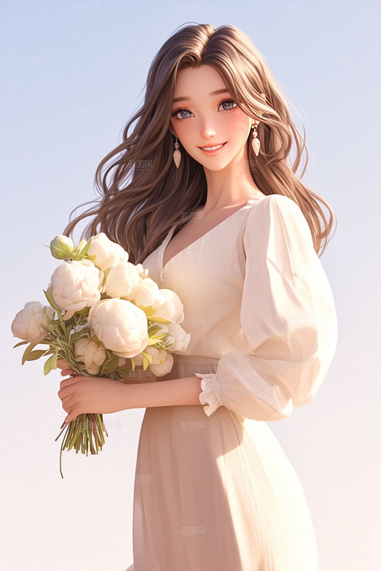手捧鲜花的少女立体清新素材