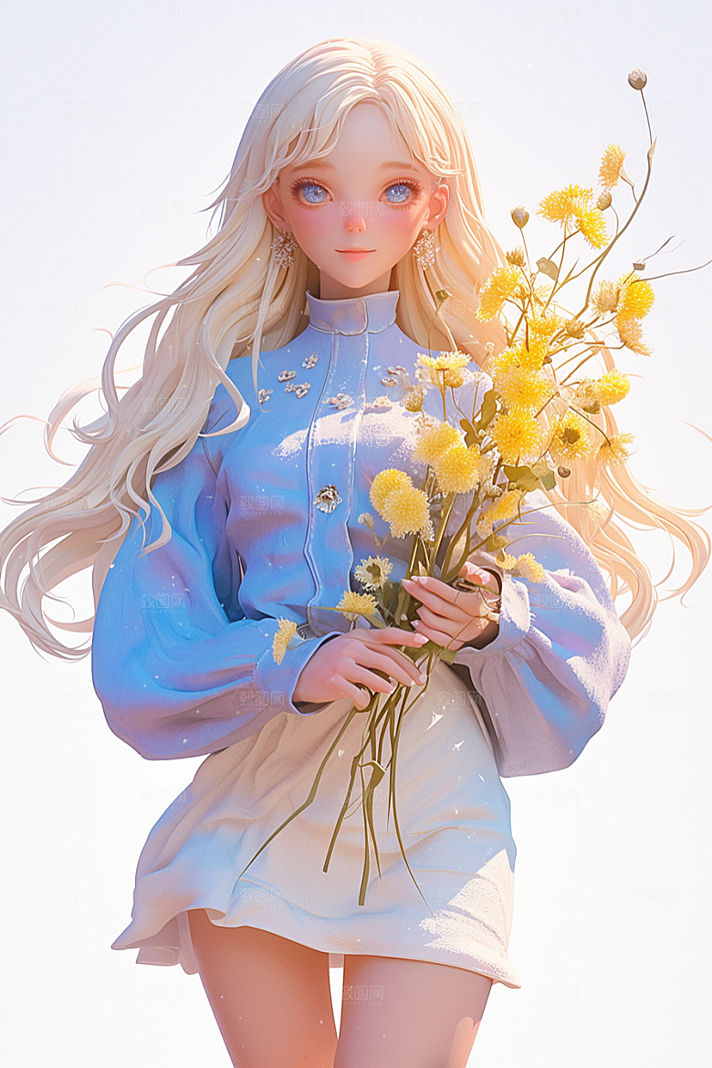 手捧鲜花的少女肖像人物素材