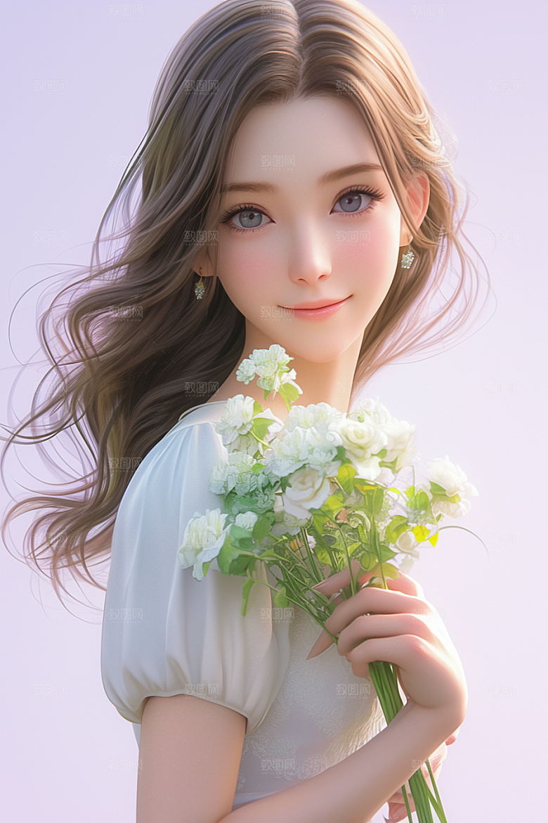手捧鲜花的少女春天梦幻素材