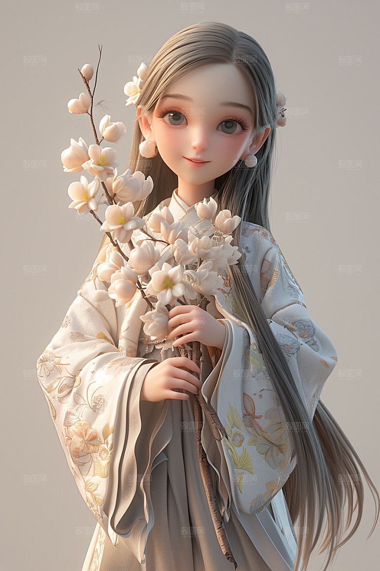 手捧鲜花的少女立体自然素材