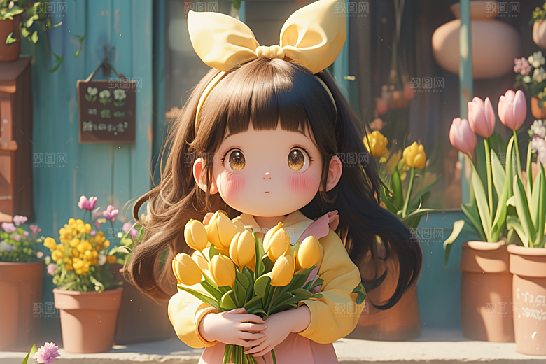 手捧鲜花的少女烂漫自然素材