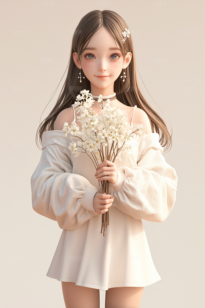 手捧鲜花的少女人物肖像素材