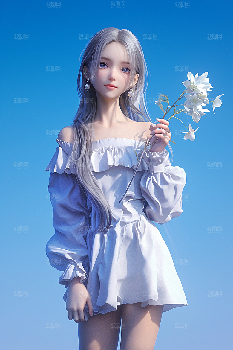 手捧鲜花的少女人物春天素材