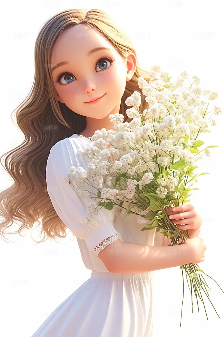 手捧鲜花的少女唯美自然素材