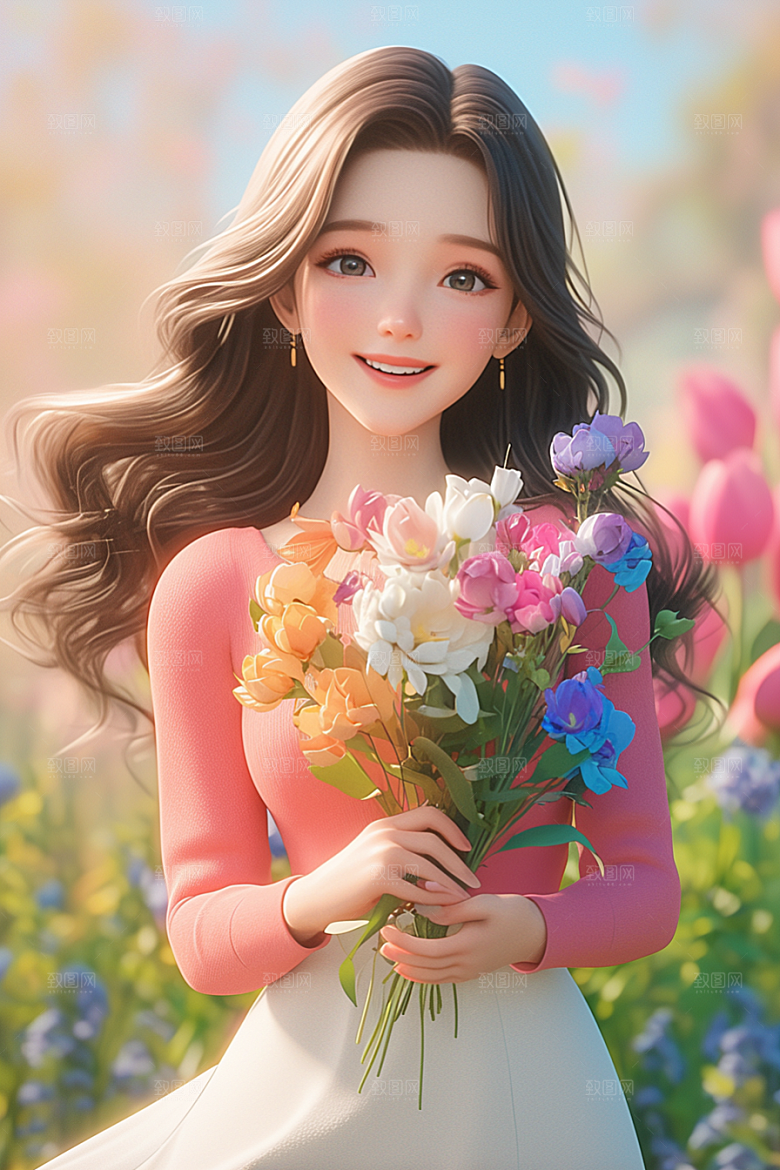 手捧鲜花的少女立体肖像素材
