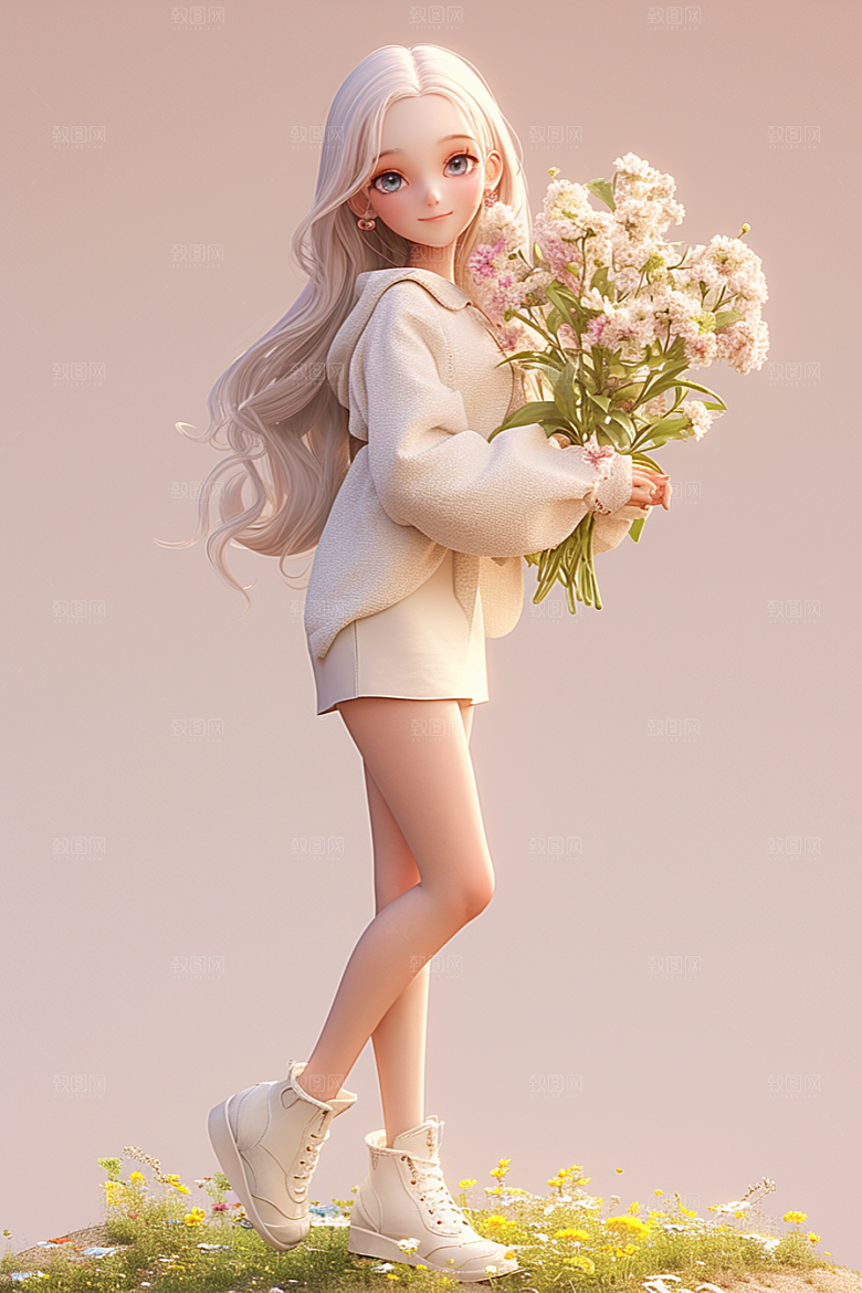手捧鲜花的少女自然3D素材