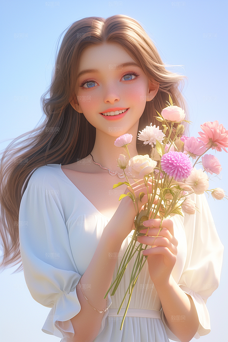 手捧鲜花的少女模型青春素材