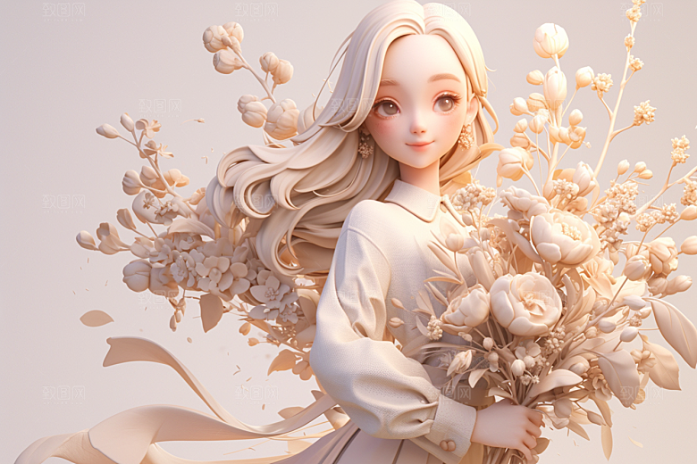 手捧鲜花的少女模型清新素材