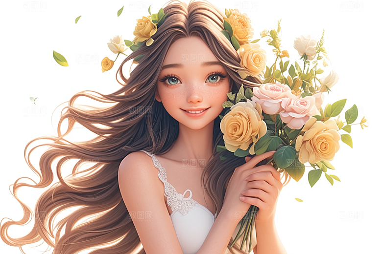 手捧鲜花的少女春天唯美素材
