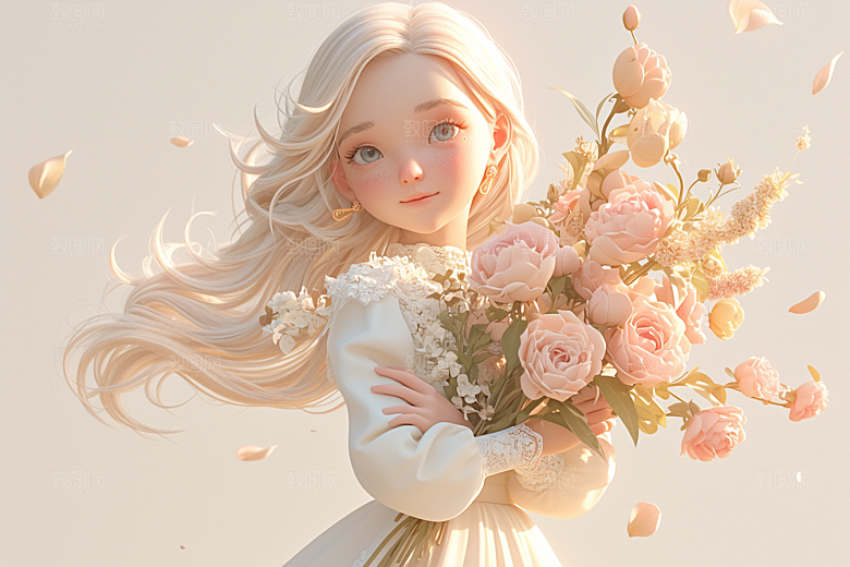 手捧鲜花的少女3D春天素材