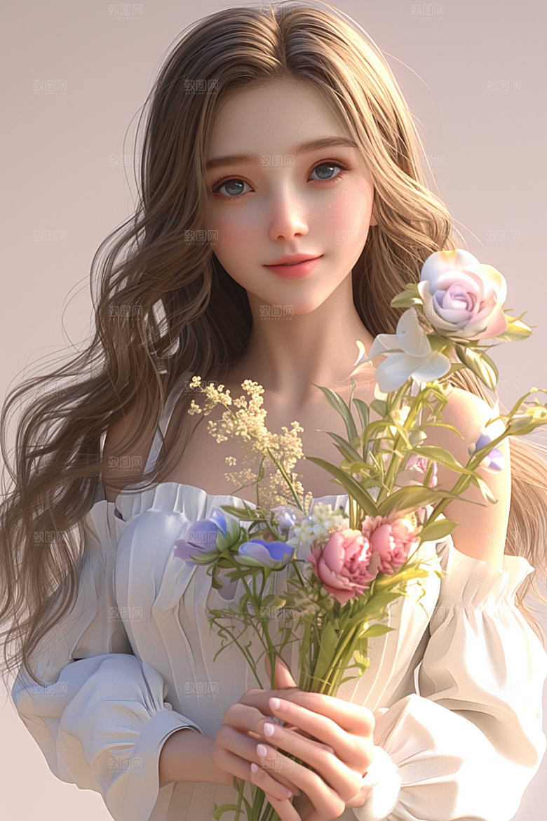 手捧鲜花的少女飞舞的裙摆3D素材