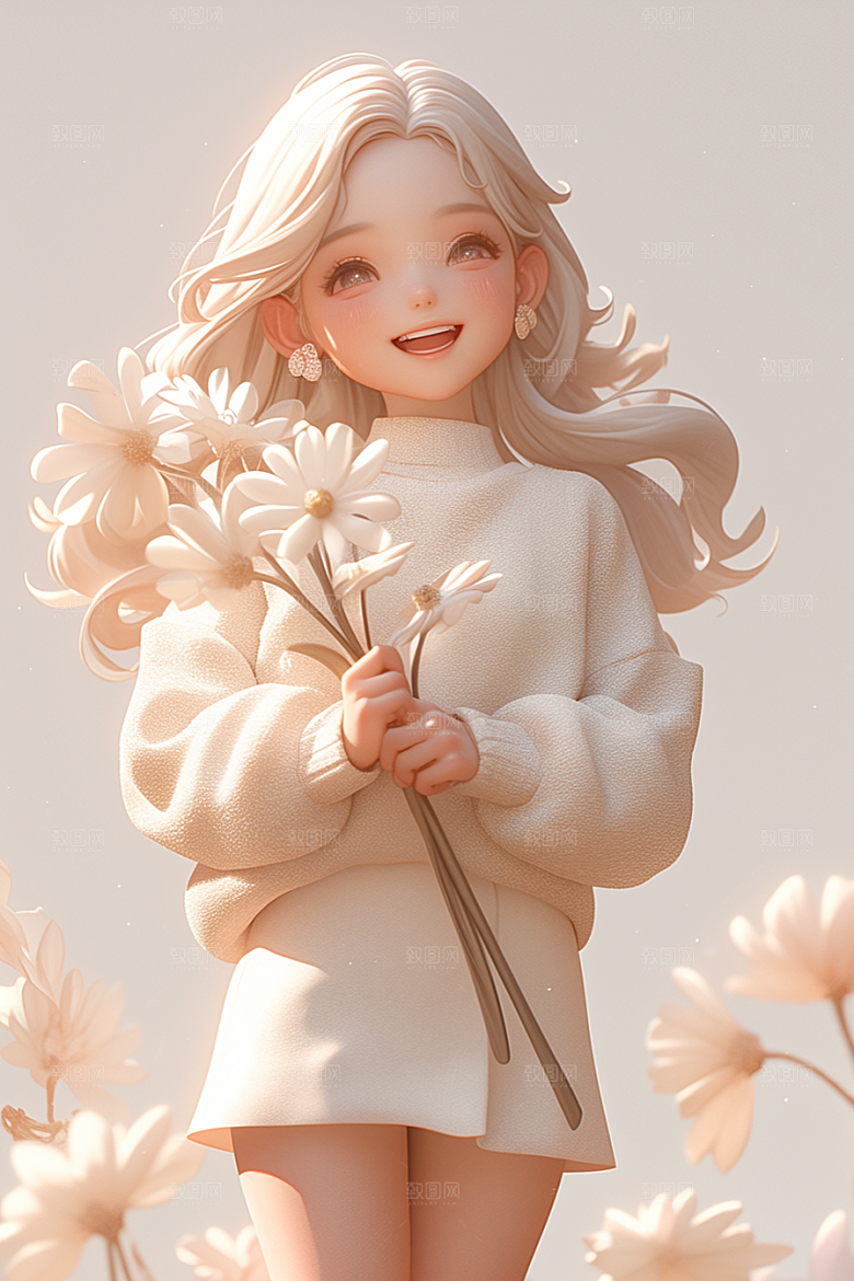 手捧鲜花的少女3D立体素材